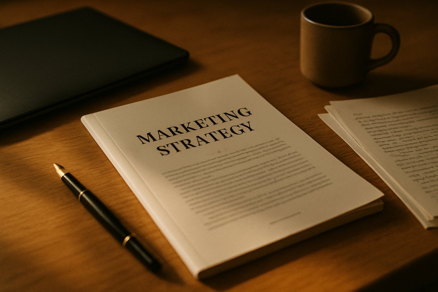 A printed marketing strategy document with notes, a pen and coffee on a desk