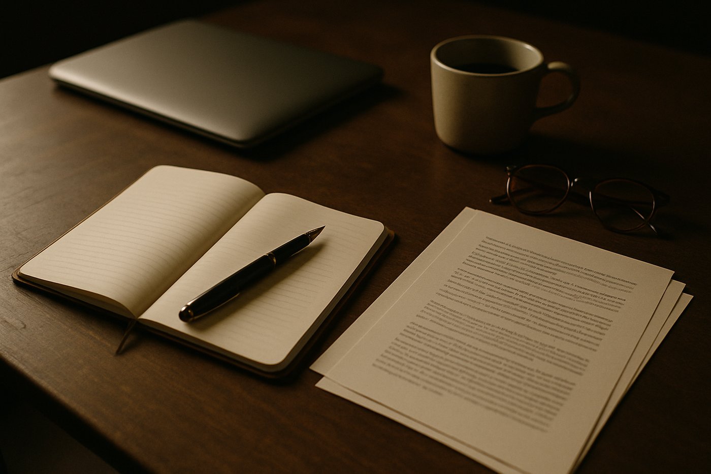 An open notebook, pen, laptop and printed pages on a desk during a marketing strategy session